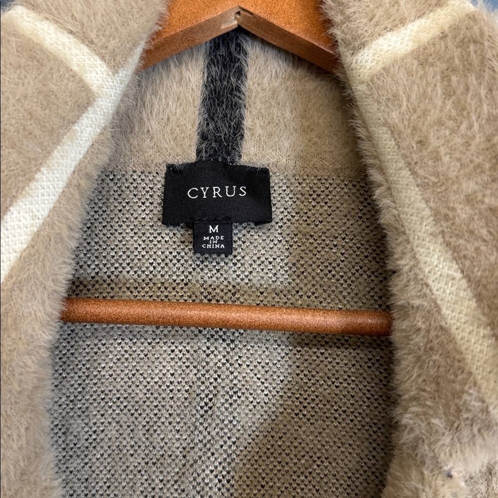 Anthro Teddy Coat Beige Plaid Fuzzy Jacket Cozy Longline Windowpane M - Picture 5 of 7
